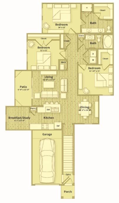 A floor plan of a house with a garage and a porch.