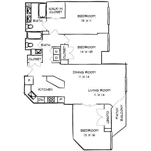 A floor plan of a house with two bedrooms, a living room, a dining room, a kitchen, a bathroom, a walk-in closet, and a pantry.