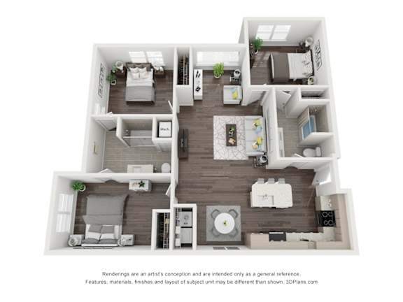 A 3D floor plan of a house with multiple rooms.