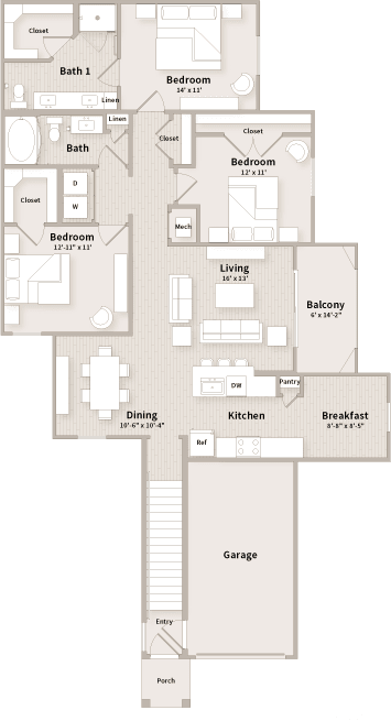 A floor plan of a house with three bedrooms, a living room, a dining room, a kitchen, a breakfast area, a balcony, a garage, an entry, and a perch.