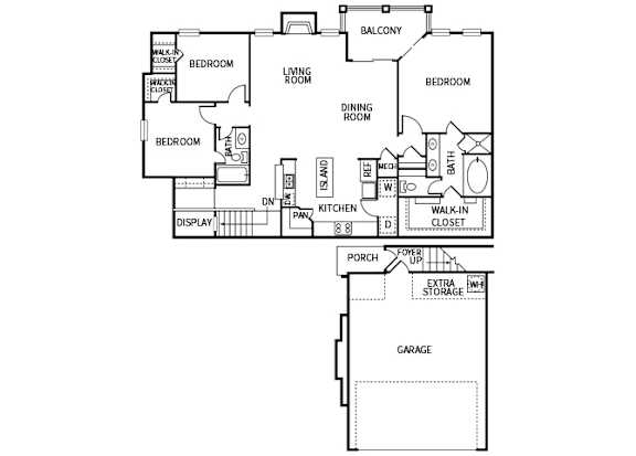 A black and white floor plan of a house with a balcony, two bedrooms, a dining room, a kitchen, a porch, and a garage.