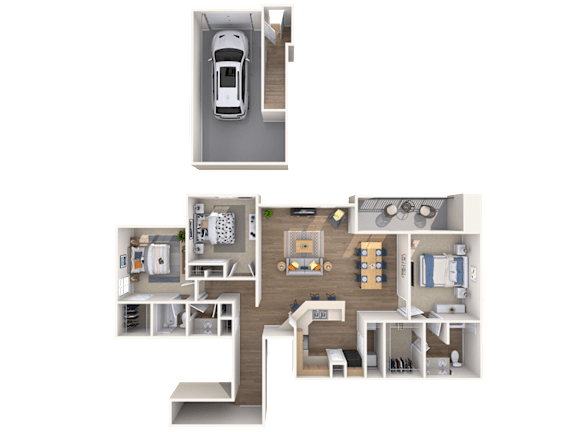 A detailed 3D floor plan of a house with a car parked outside.
