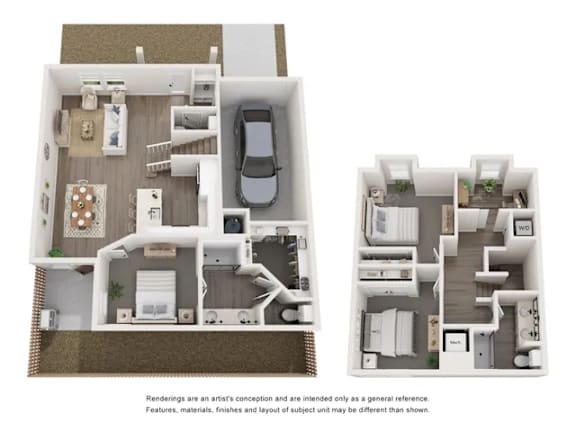 Two floor plans of a house with a kitchen, living room, bedrooms and bathrooms.
