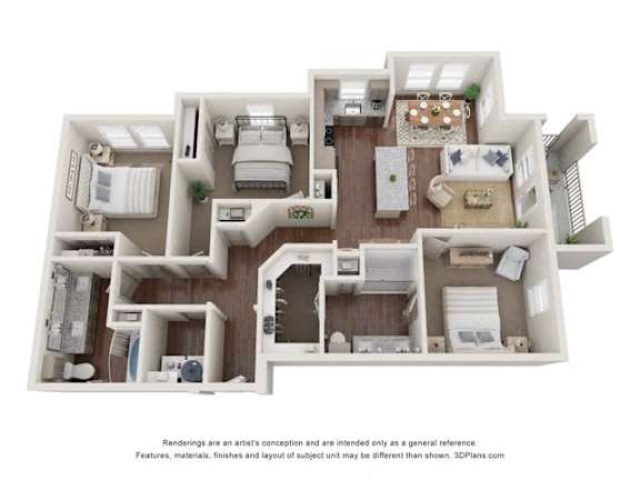 A 3D floor plan of a house with a kitchen, living room, and bedrooms.