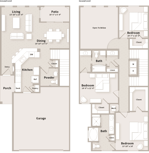 A floor plan of a house with two bedrooms, a living area, a dining area, a kitchen, a powder room, a porch, a deck, a pantry, a garage, and a bathroom.