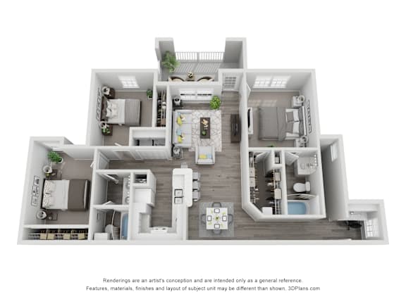 A 3D floor plan of a house with a kitchen, living room, and two bedrooms.
