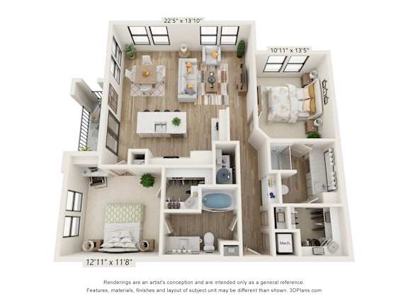 A 3D floor plan of a two-bedroom apartment with a living room, kitchen, and bathroom.