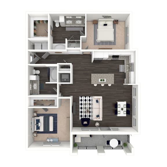 A 3D floor plan of a house with multiple rooms.