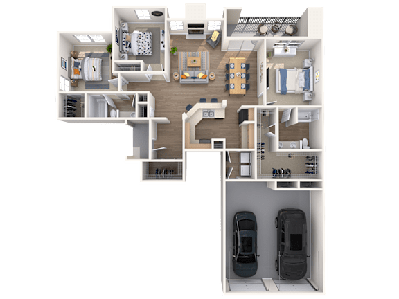 A 3D floor plan of a house with a kitchen, living room, dining room, and two bedrooms.