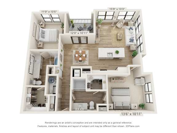 A 3D floor plan of a house with a living room, kitchen, and two bedrooms.