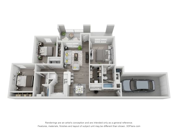A 3D floor plan of a house with a kitchen, living room, dining room, and two bedrooms.