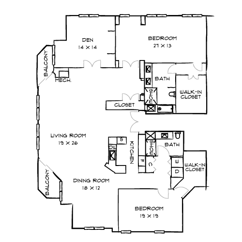A floor plan of a house with labeled rooms and dimensions.