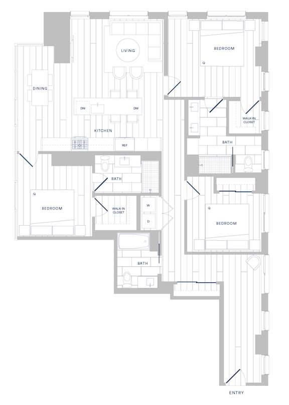 A floor plan of a house with labeled rooms such as living room, dining room, kitchen, and bedrooms.