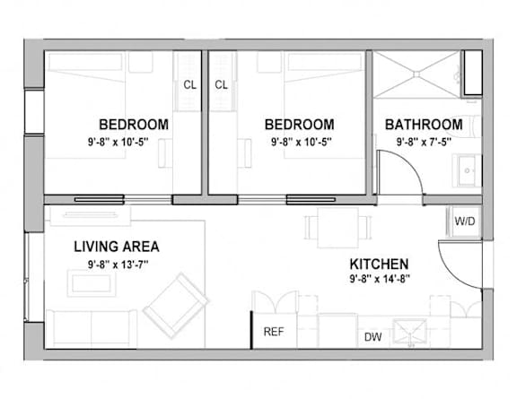 A floor plan of a small apartment with two bedrooms, a living area, a kitchen, and a bathroom.