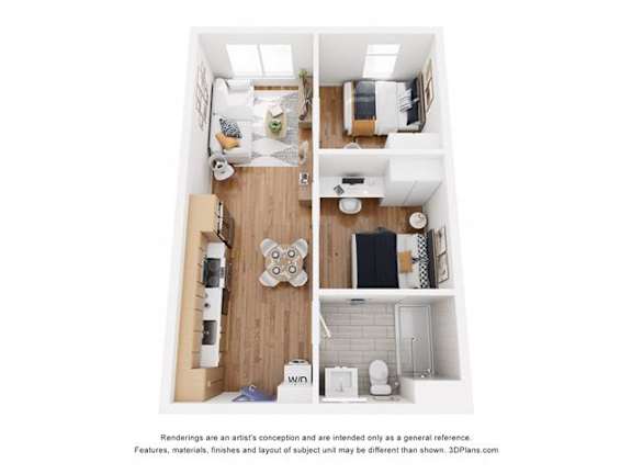 A 3D floor plan of a small apartment with a kitchen, living room, and bathroom.