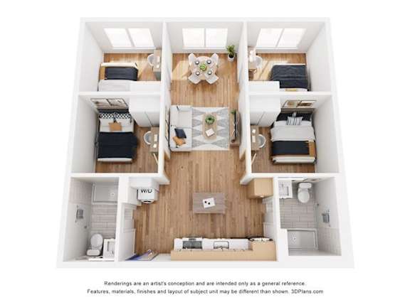 A 3D floor plan of a small apartment with two bedrooms, a living room, and a kitchen.