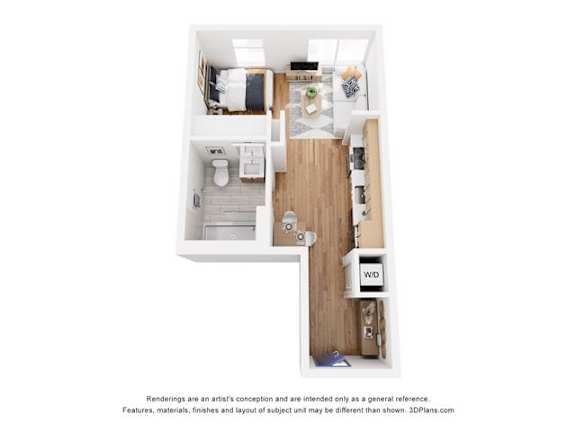 A 3D floor plan of a small apartment with a kitchen, living room, and bathroom.