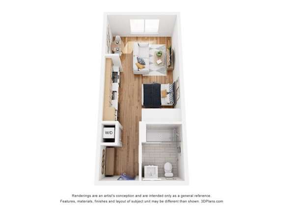 A 3D floor plan of a small apartment with a kitchen, living room, and bathroom.