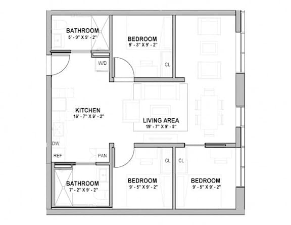 A floor plan of a house with a living area, kitchen, and four bedrooms.