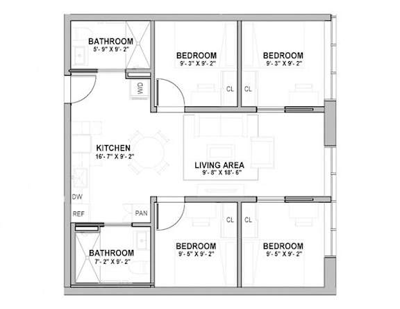 A floor plan of a house with a kitchen, living area, and four bedrooms.