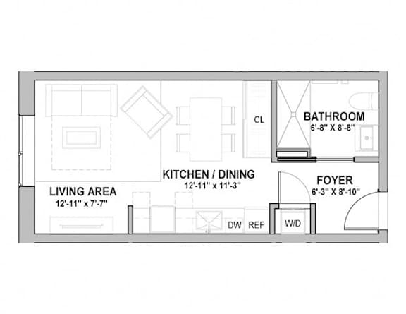 A floor plan of a small apartment with a living area, kitchen/dining area, bathroom, and foyer.