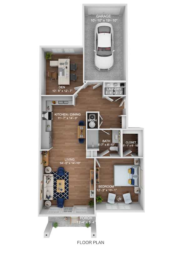 A floor plan of a house with a garage, living room, kitchen, dining room, bathroom, and closet.
