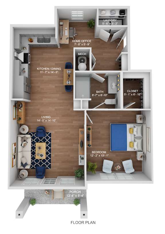 a stylized floor plan with a bedroom and a living room