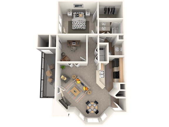 A 3D floor plan of a house with a kitchen, living room, and bedrooms.