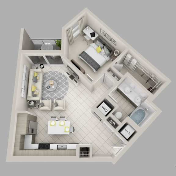 A 3D floor plan of a small apartment with a kitchen, living room, and bathroom.