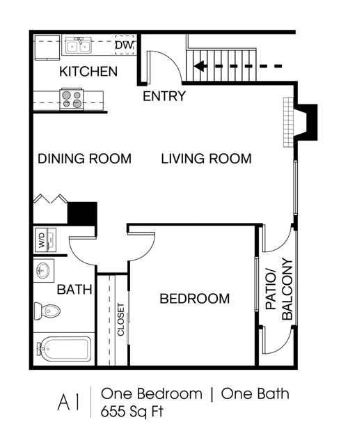A floor plan of a one bedroom apartment with one bath.