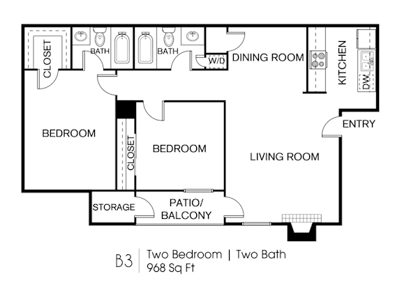 A floor plan of a living space with two bedrooms and two bathrooms.