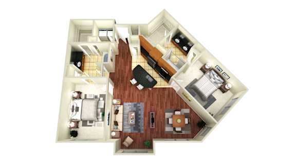 A floor plan of a house with a living room, kitchen, dining room, and bedrooms.