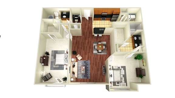 A top-down view of a house layout with a kitchen, living room, and bedrooms.