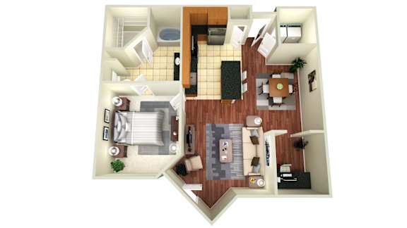 A top down view of a small apartment with a kitchen, living room, and bedroom.