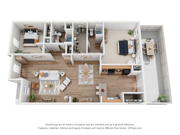 A 3D floor plan of a house with a kitchen, living room, and dining area.