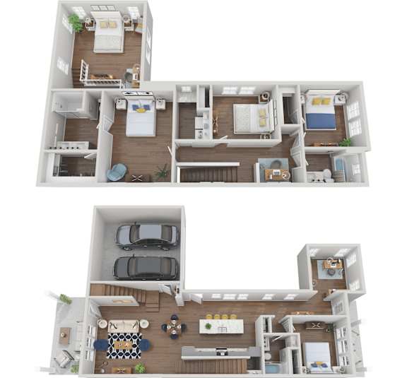 A top-down view of a two-story house with a garage and a living room with a couch and a coffee table.