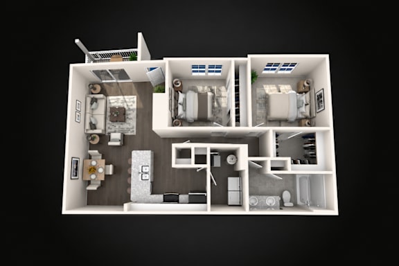 A 3D rendered image of a modern house layout.