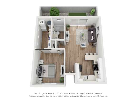 A 3D floor plan of a small apartment with a kitchen, living room, and bathroom.