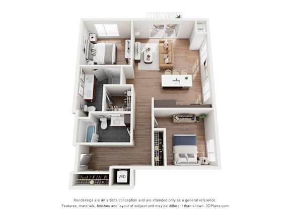 A 3D floor plan of a house with labeled rooms.