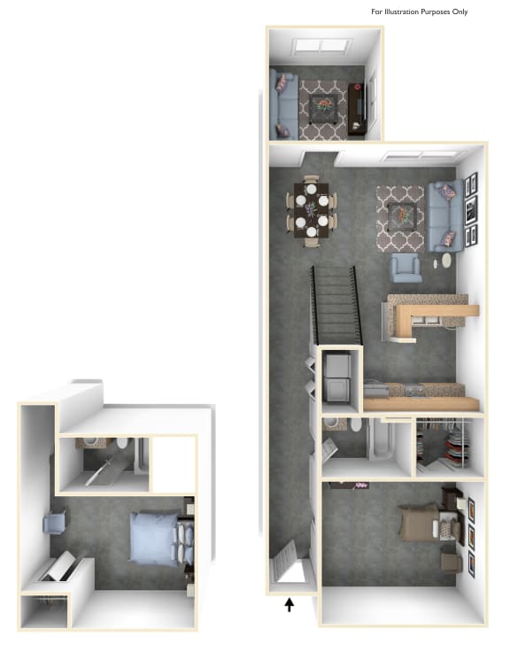 a stylized drawing of a floor plan with a bedroom and a living room