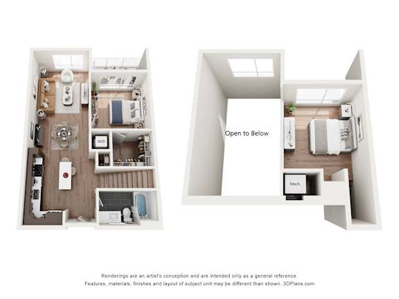 A 3D floor plan of a small apartment with a kitchen, living room, and bathroom.