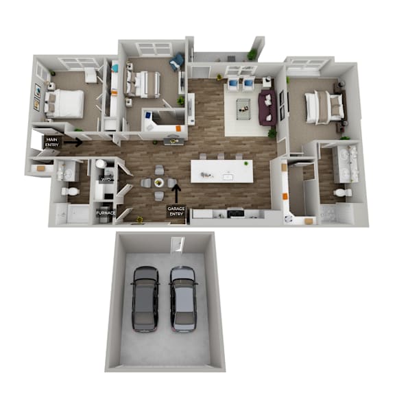 A floor plan of a house with two bedrooms, a living room, a dining room, a kitchen, a garage, and a main entrance.