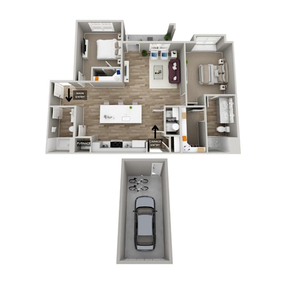 A floor plan of an apartment with a car garage.