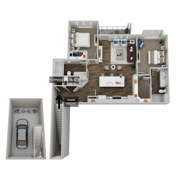 A floor plan of a house with a garage and a main entry.
