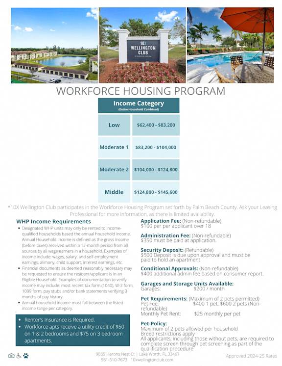 A brochure detailing the Workforce Housing Program with income categories and pet requirements.