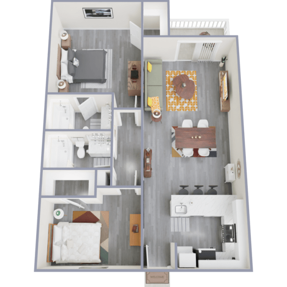 a 3d rendering of our 1 bedroom apartment at princeton court apartments in dallas