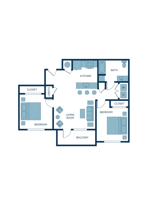 a floor plan of a bedroom apartment with a kitchen and a living room