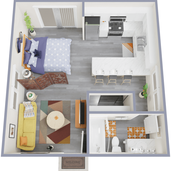 a top down view of a 1 bedroom apartment with a living room and kitchen