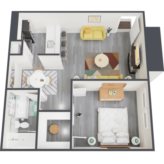 a bedroom with a bed and a chair in a room
