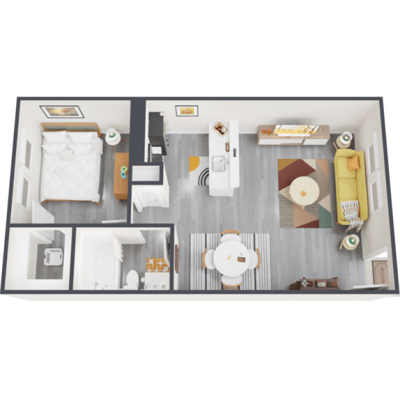 a bedroom with a bed and a chair in a room